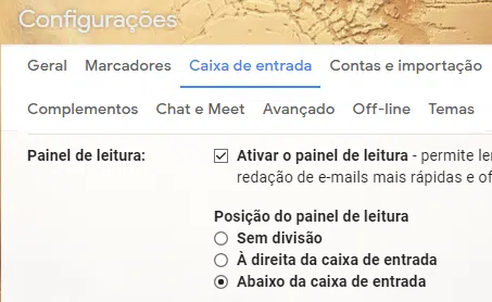 Você pode ativar um painel de leitura procurando as opções nas configurações da caixa de entrada.