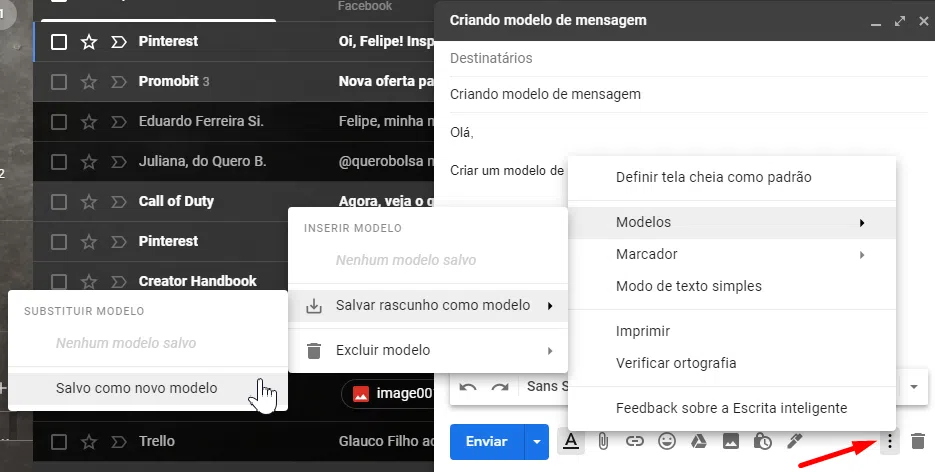 Os modelos poderão ser criados ao rascunhar uma mensagem.