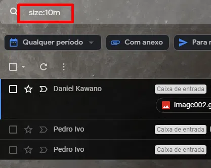 Use o comando size:xm para pesquisar e excluir arquivos grandes demais no gmail.