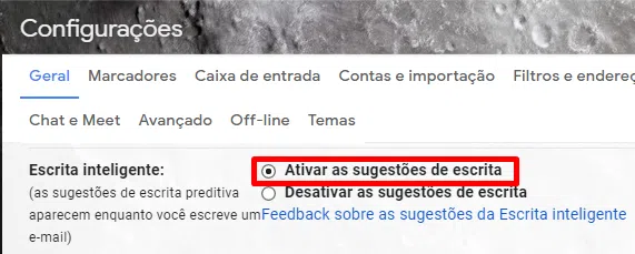 Ative e opção de escrita inteligente nas configurações do gmail.