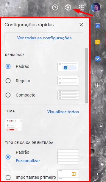 Clique no ícone de configurações (engrenagem) e escolha o layout que mais te agrada.