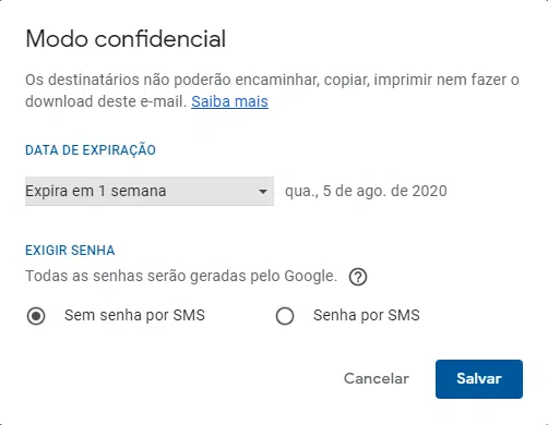 No modo confidencial você pode enviar uma senha para o celular do destinatário.