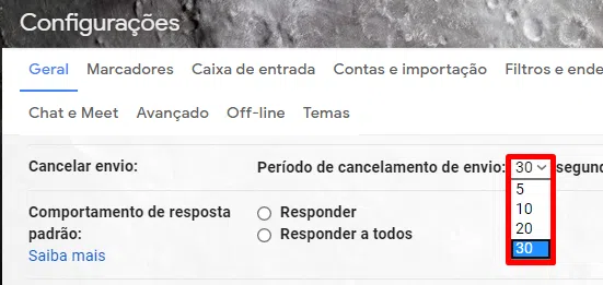 Aumente o tempo para desfazer o envio de um email.