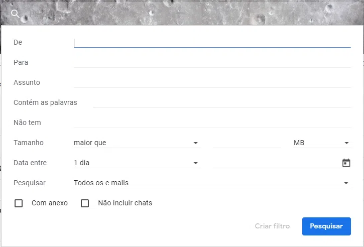 Aba de pesquisa avançada do gmail.