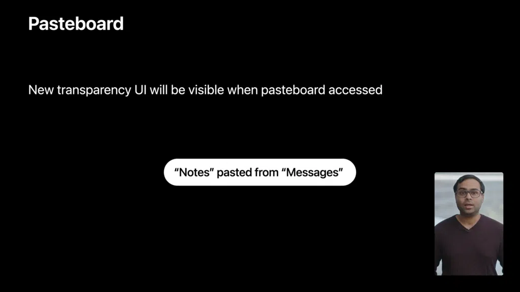 Slide de apresentação feira durante a wwdc mostra o aviso de acesso à área de transferência. O texto, em inglês, diz "notes" pasted from "messages", indicando que o conteúdo copiado do app mensagens foi colado no notes.