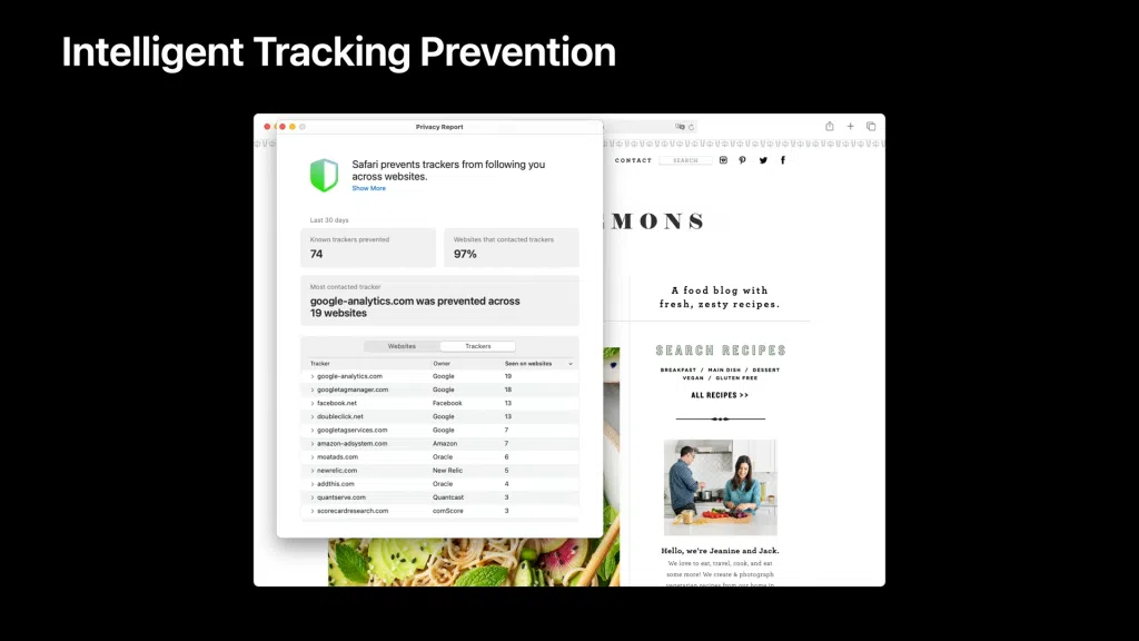 Imagem mostra o relatório de privacidade do safari no macos. Ele inclui a informação de que 74 rastreadores foram prevenidos, 97% dos sites acessados continham rastreadores e uma lista com os rastreadores mais comuns.