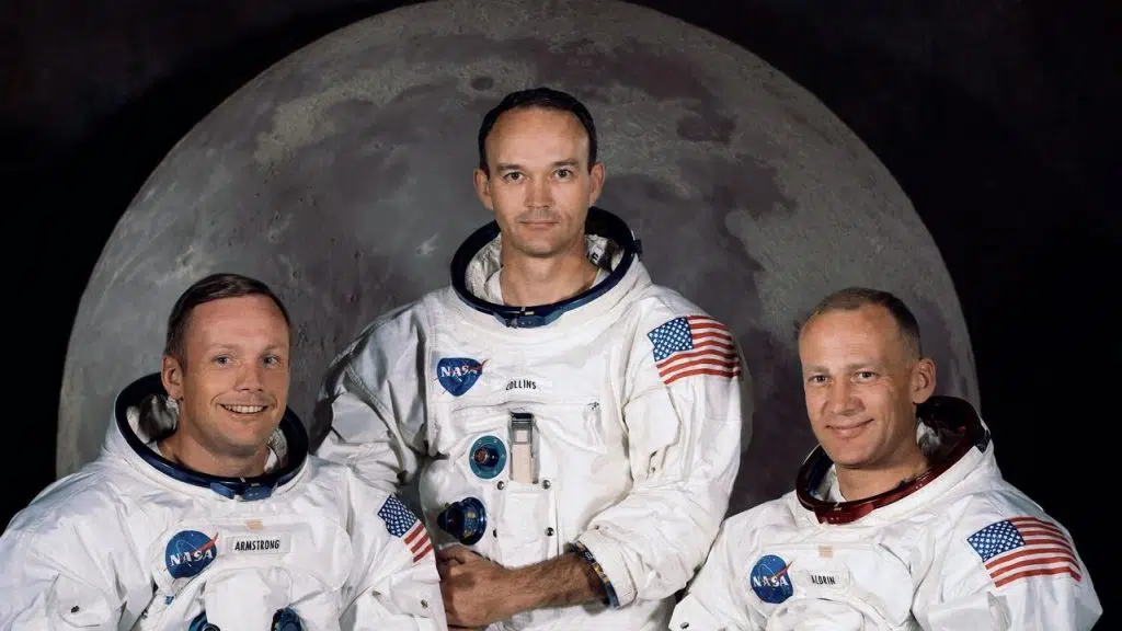 Michael collins, buzz aldrin e neil armstrong em foto da missão do apollo 11