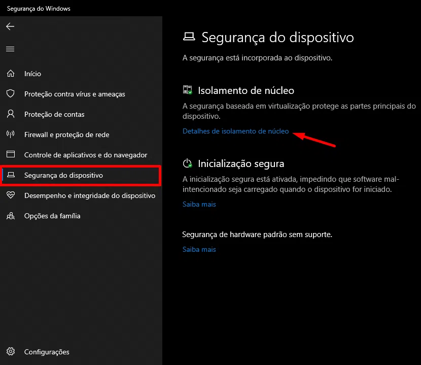 Na barra lateral, vá em "segurança do dispositivo", e em "detalhes do isolamento de núcleo".