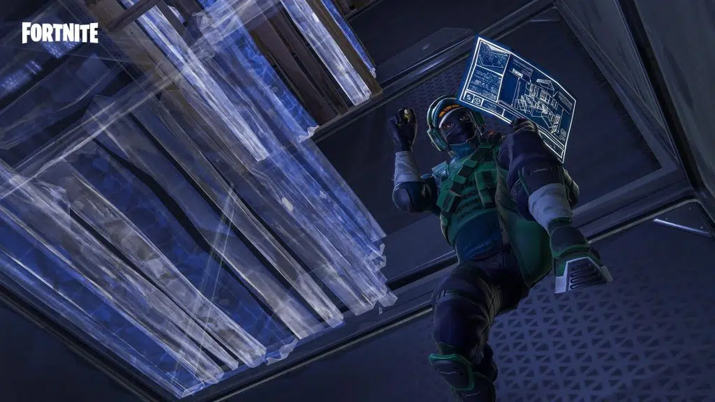 Personagem de fortnite criando uma base de madeira