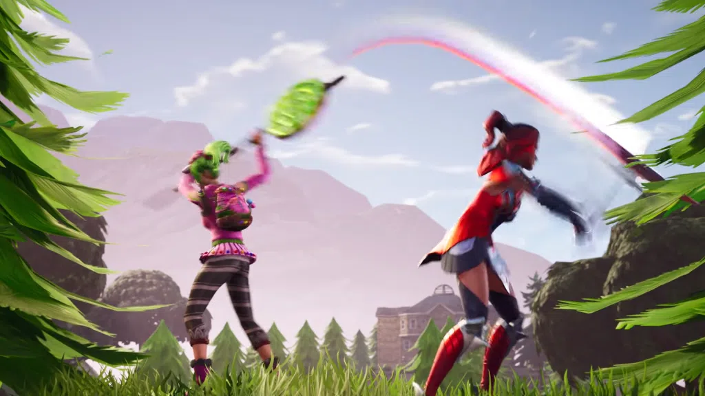 Duas personagens femininas destruindo árvores para juntar material no fortnite