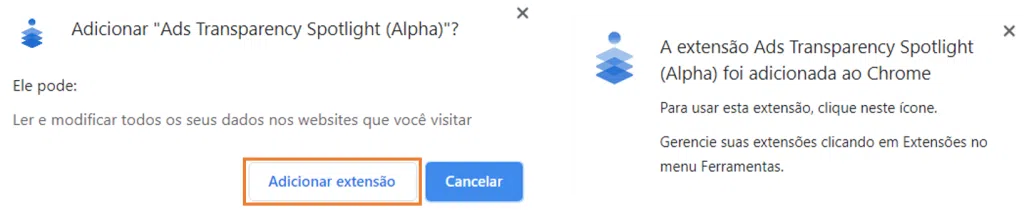 Caixa em laranja indica opção para "adicionar extensão" e confirmação da instalação no navegador.