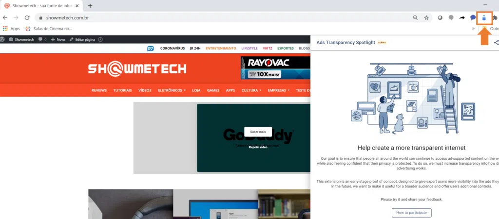 Página de site aberta, com seta em laranja indicando ícone da extensão para ativar visualização de informações sobre anúncios.