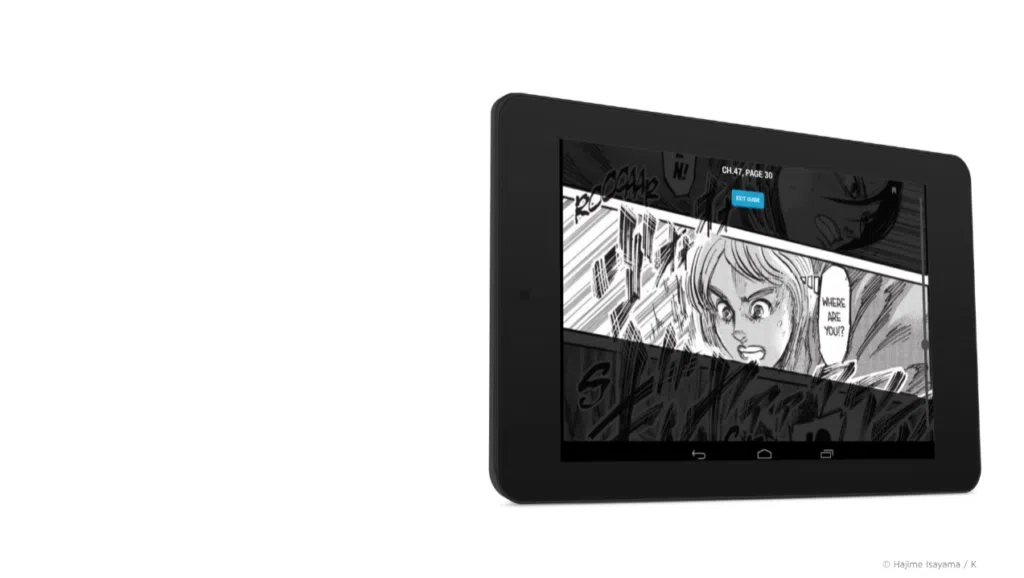 Imagem de fundo branco mostra um exemplo de tablet na horizontal com cenas do mangá de shingeki no kyojin de exemplo