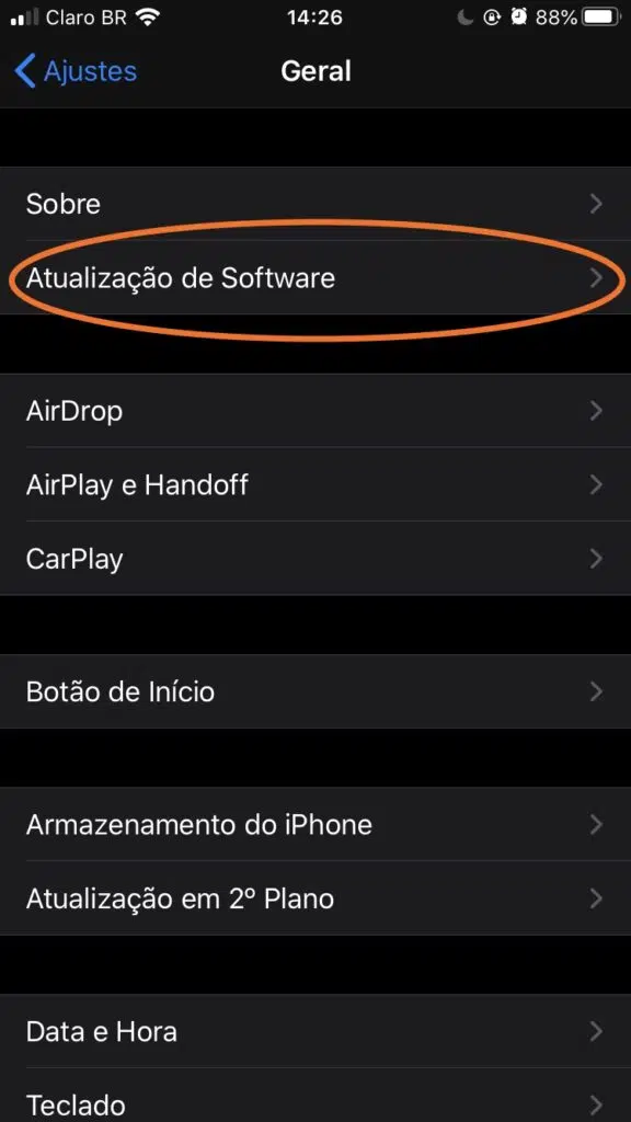 Tela do  com foco em atualização do software