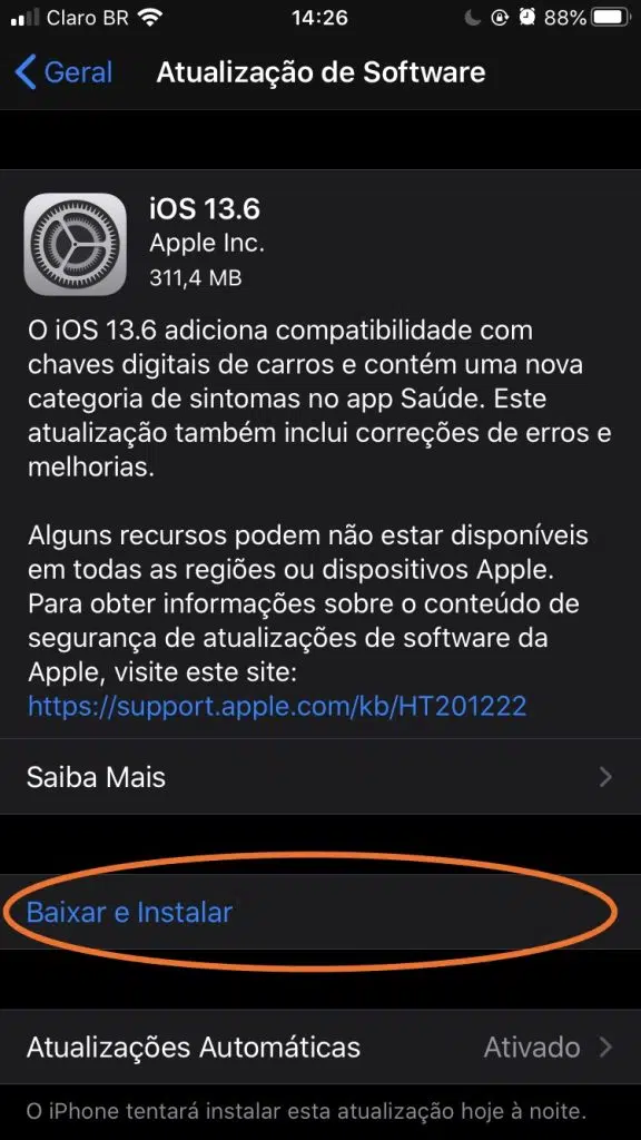 Tela do iphone em página de atualização de seu dispositivo