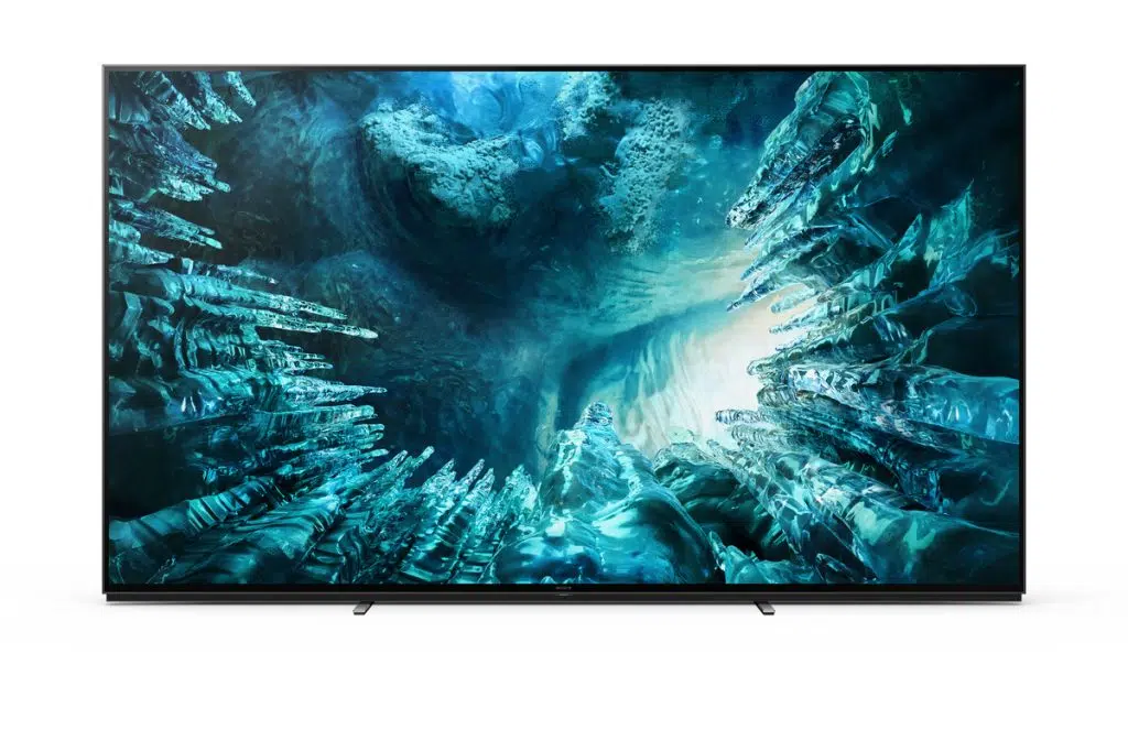 Design da tv 8k da sony, z8h, com estrutura ultrafina e bordas quase infinitas.