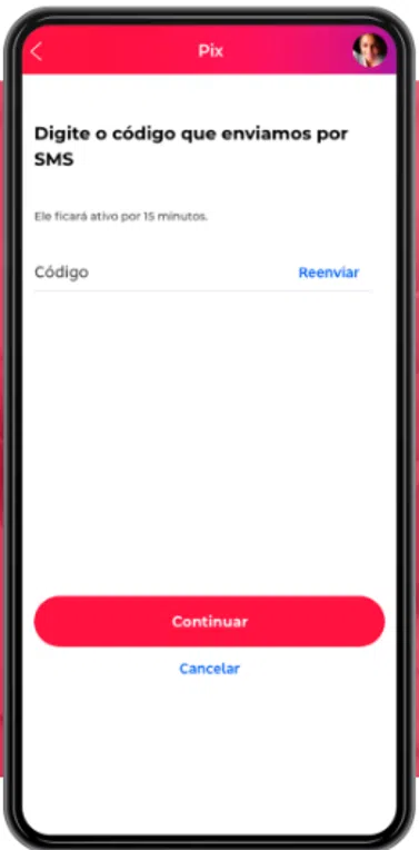 Tela para inserir código de verificação recebido