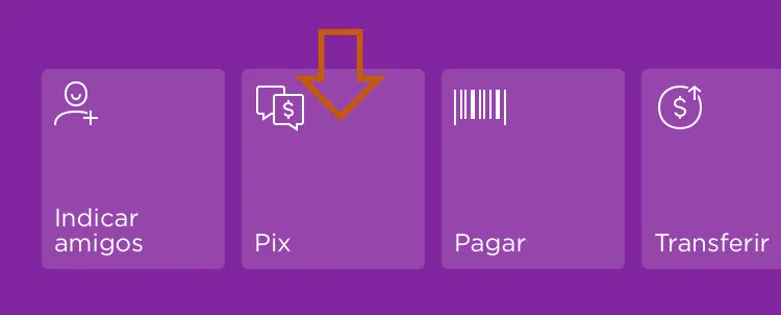 Captura da tela inicial do app do nubank com seta laranja indicando pix