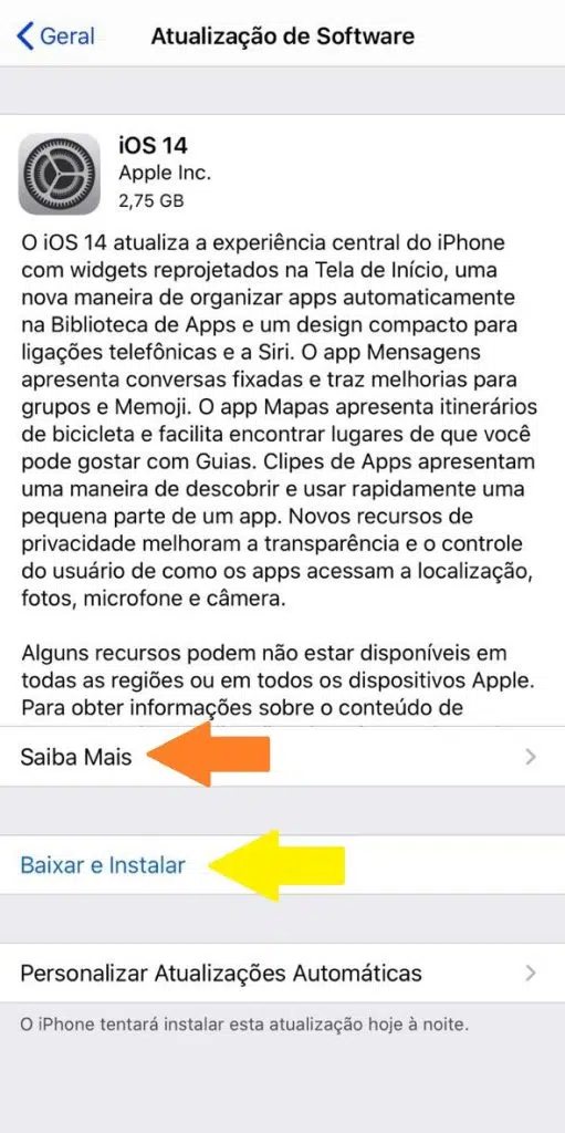 Para atualizar o sistema operacional, basta clicar em baixar e instalar