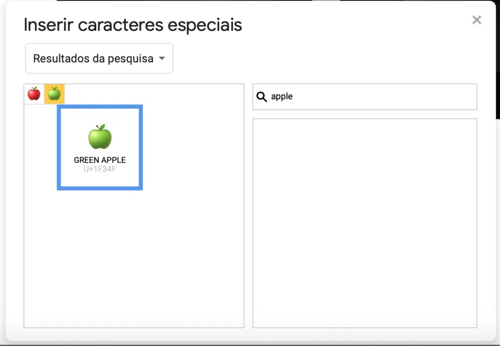 Captura de tela do quadro caracteres especiais do google docs. À esquerda, o símbolo de uma maçã verde em destaque. À direita, a caixa de busca com a palavra apple.