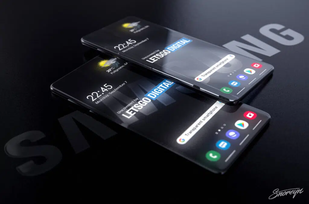 Render em 3d de 2 smartphones galaxy samsung transparente com ícones e relógio. Um aparelho está sobre o outro, em cima de uma superfície com o logo da samsung.