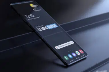 Render em 3d de galaxy samsung transparente com ícones e relógio.