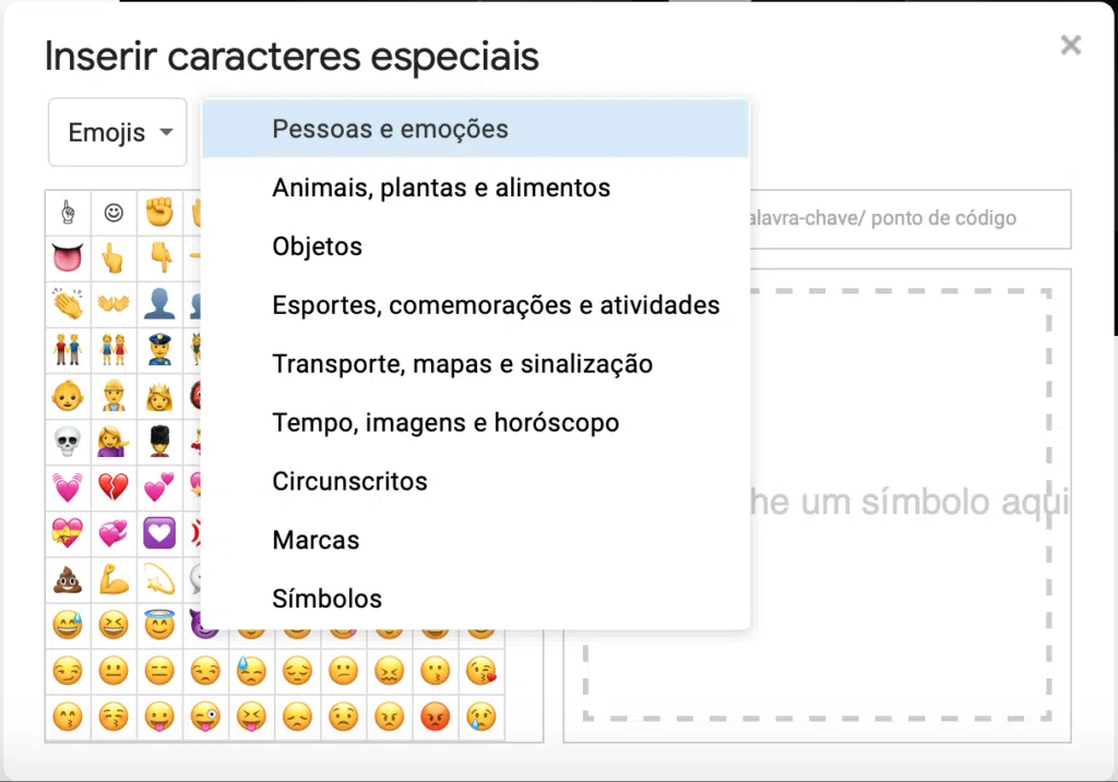 Captura de tela da janela inserir caracteres especiais. Menu da subcategoria aberto em destaque, à esquerda. À direita, categoria emojis. Abaixo, a área de visualização de símbolos mostra diversos emojis.