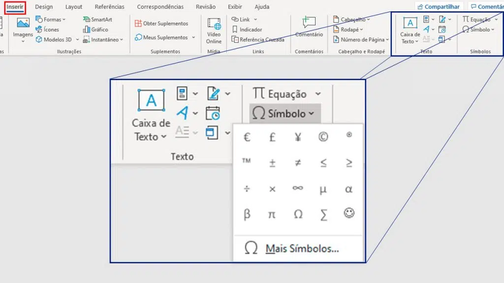 Captura de tela do menu inserir do microsoft word. Em destaque, o menu símbolos.