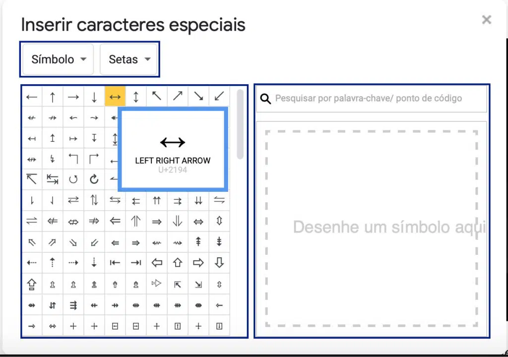 Captura de tela da janela inserir caracteres especiais no google docs. Na parte superior, à esquerda, os menus de categoria e subcategoria. Logo abaixo, um quadrado com vários símbolos, onde é possível visualizar símbolos e caracteres especiais. À direita e ao lado, uma caixa de busca e logo abaixo, um quadrado branco com a frase desenhe um símbolo.