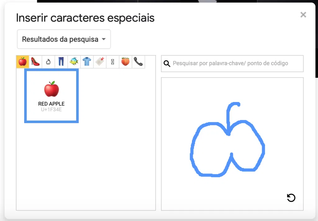 Captura de tela do quadro caracteres especiais no google docs. À esquerda, a caixa de busca filtra resultados de símbolos correspondentes ao desenho de maçã feito no espaço em branco à direita.