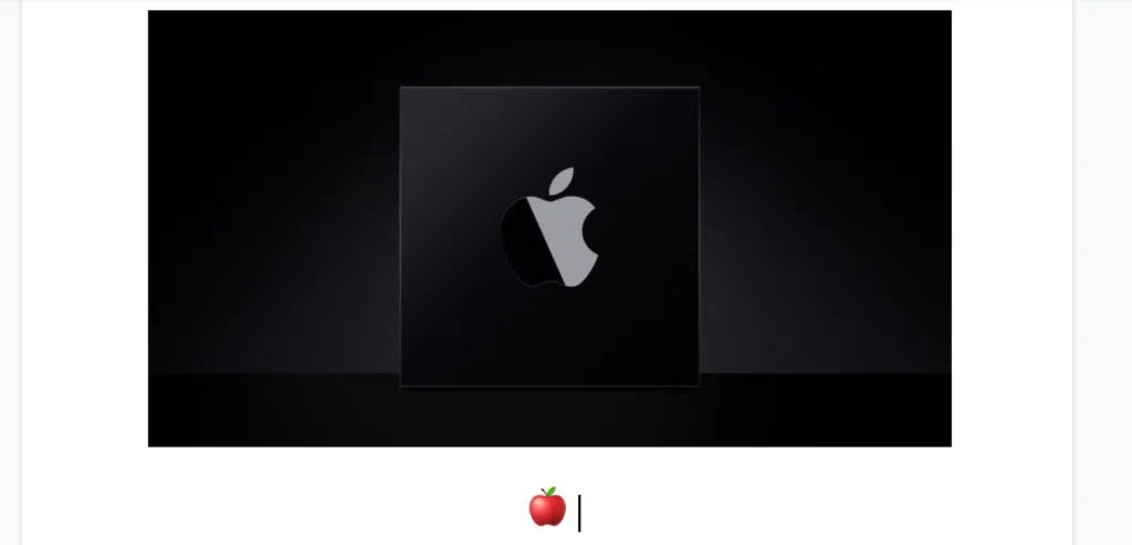 Captura de tela de recorte de um documento no google docs. Na parte superior, ao centro, a foto do apple silicon em preto e logo da apple. Logo abaixo, na margem esquerda da página, o símbolo de uma maçã.