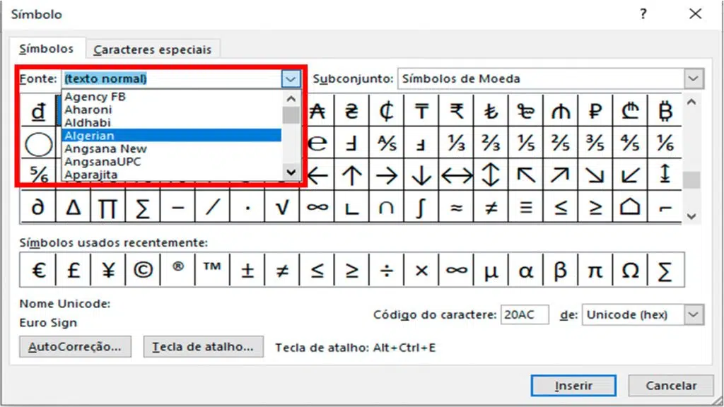 Captura de tela da janela símbolos no microsoft word. Em destaque, a caixa de seleção fonte.