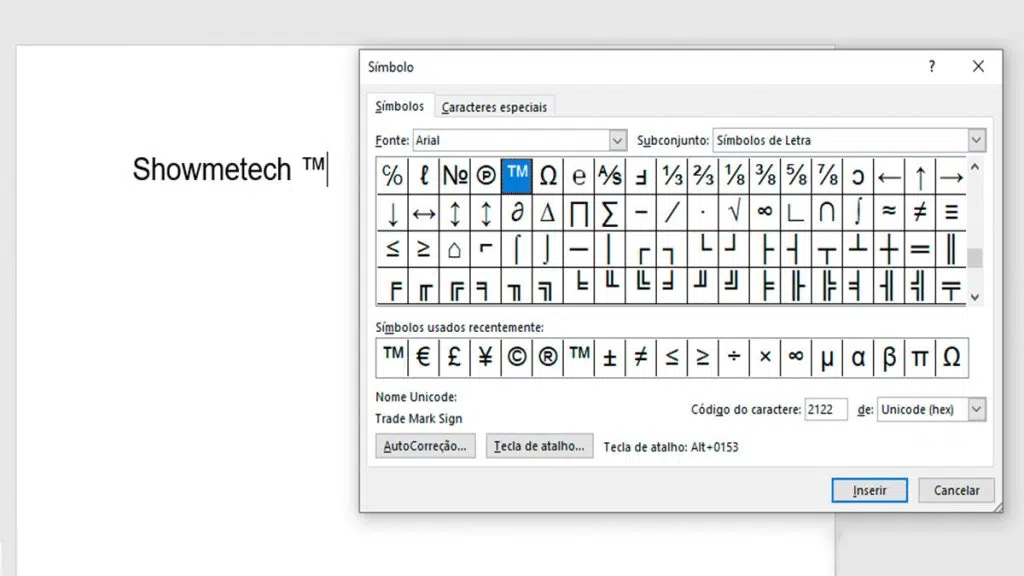 Captura de um documento do microsoft word com a janela símbolos em destaque.