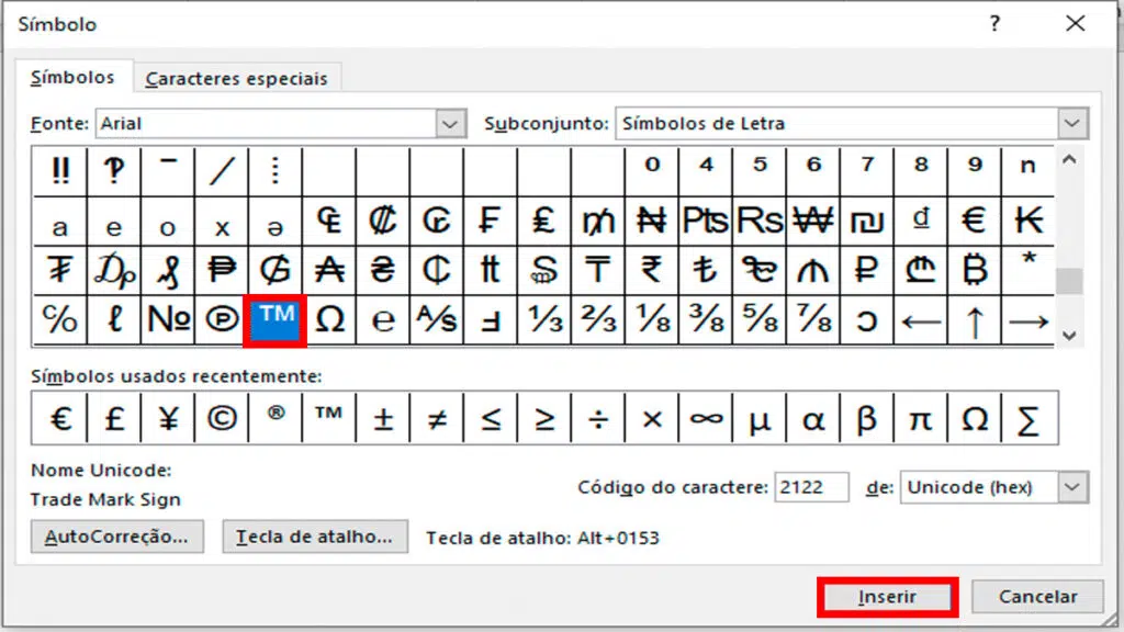 Captura de tela da janela símbolos do microsoft word. Em destaque, um retângulo com vários símbolos e tm está selecionado em azul, contornado em vermelho. O botão inserir no canto inferior direito também.