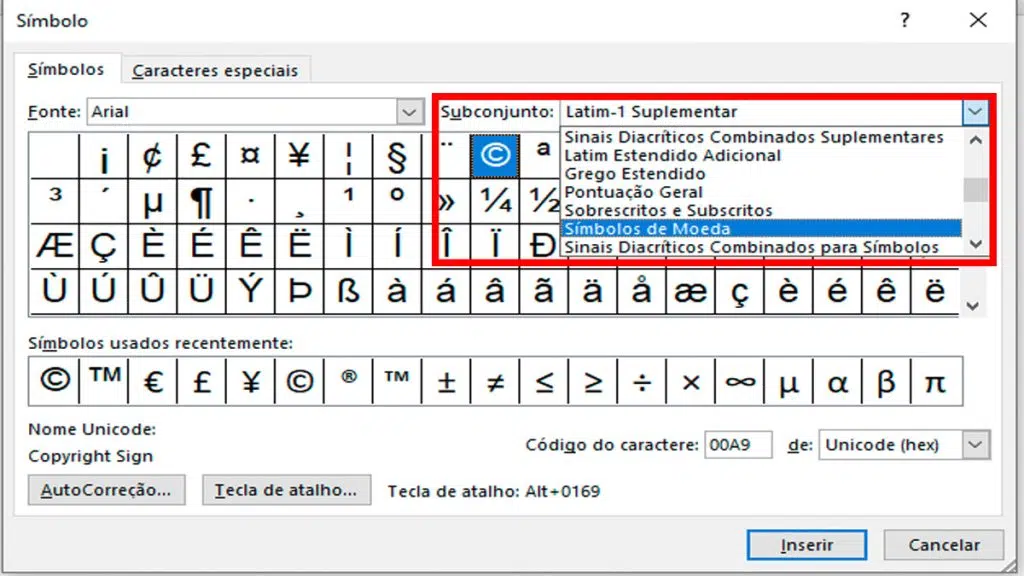 Captura de tela da janela símbolos no microsoft word. Em destaque, a caixa de seleção subconjunto.