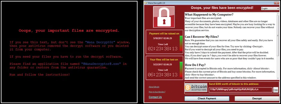 Screenshots de um computador infectado pelo vírus wannacry.