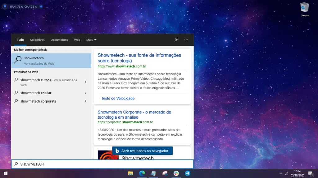 Print de uma pesquisa do windows 10 usando bing