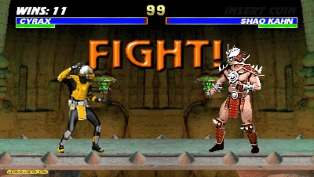 Cena de mortal kombat iii com uma luta entre cyrax e shao khan