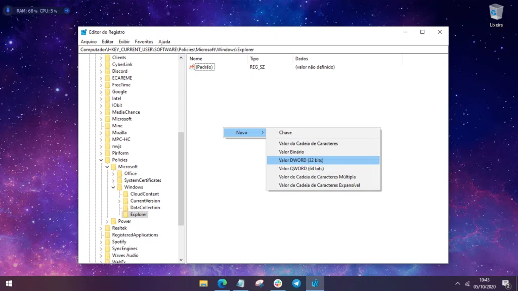 Print de uma etapa de como desativar o bing na busca do windows 10