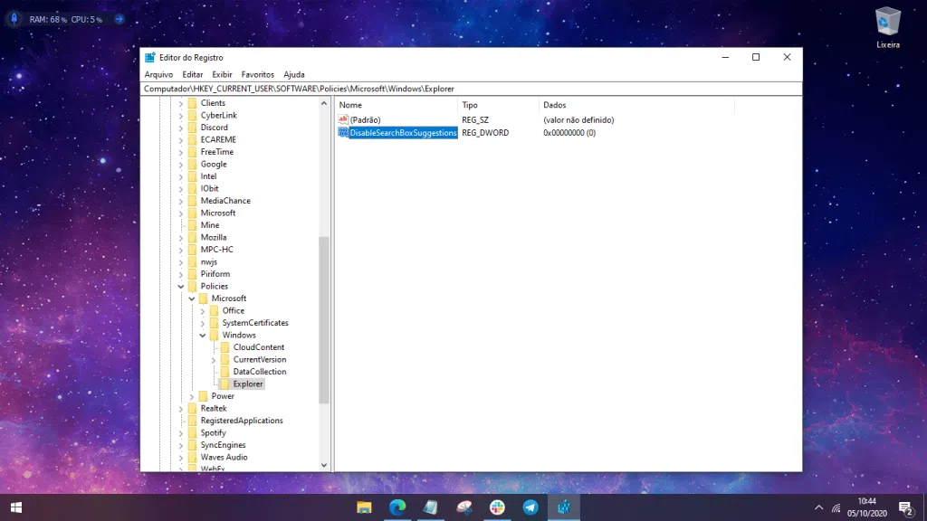 Print de uma etapa de como desativar o bing na busca do windows 10