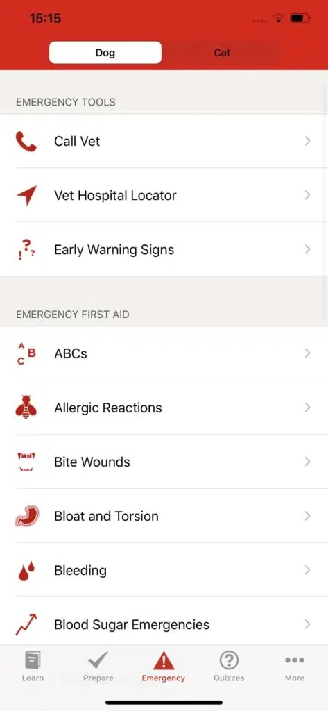 Captura de tela do aplicativo pet first da american red cross