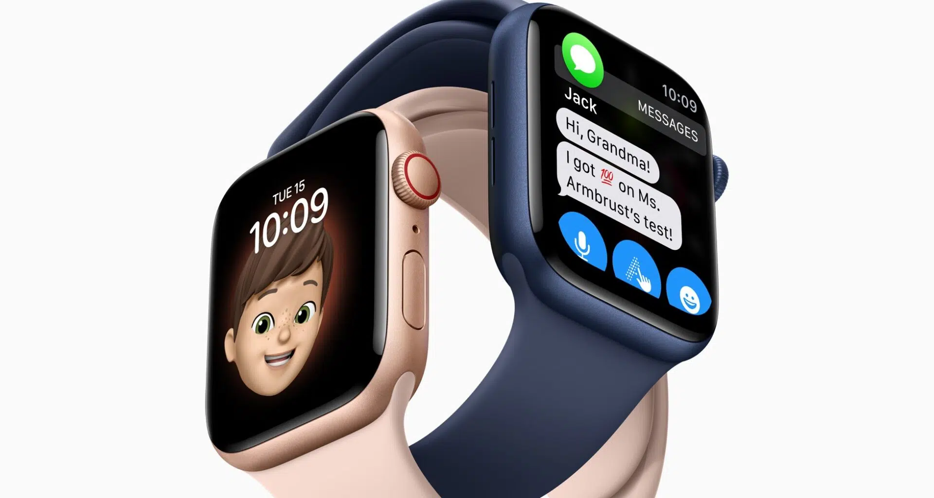 Dois modelos do apple watch series 6, um rosa dourado com pulseira sport rosa e um azul com pulseira sport azul entrelaçados. O rosa exibe o mostrador memoji, o azul uma tela de mensagens