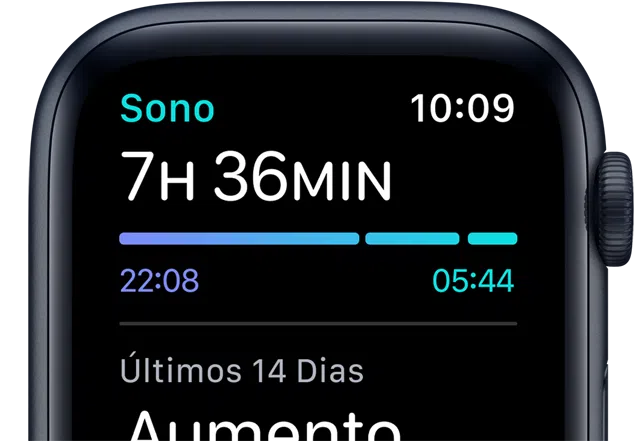 Tela de análise do sono mostrando que o usuário dormiu 7 horas e 36 minutos na última noite, entre 22:08 e 05:44, e que nos últimos dias houve aumento na quantidade de horas dormidas.