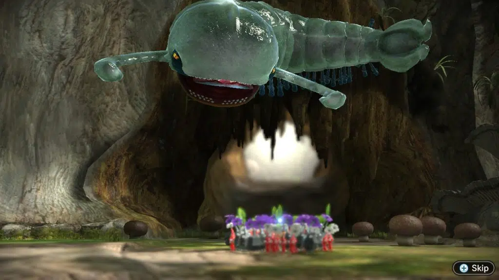 O primeiro chefe do jogo encara os pikmin.