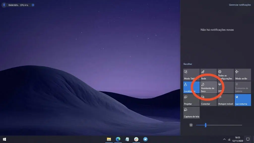 Print do botão do assistente de foco, um dos truques do windows 10