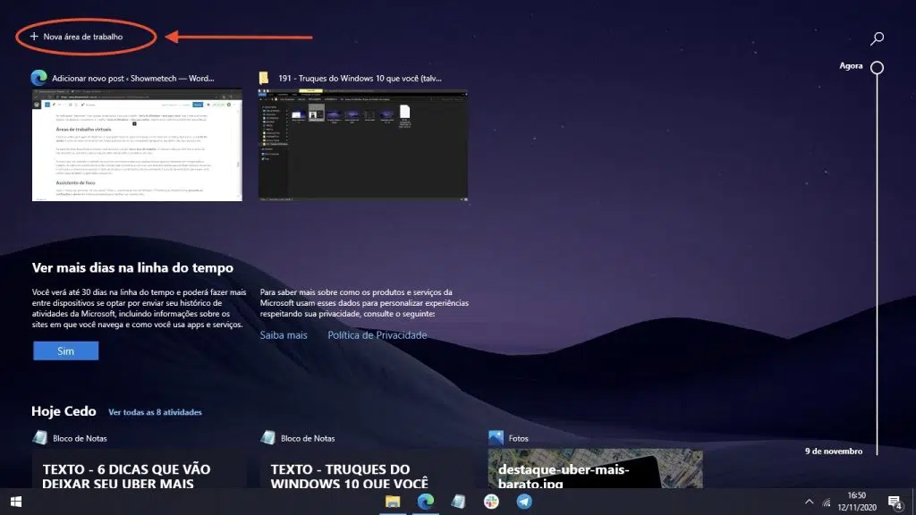 Print do botão de nova área de trabalho, um dos truques do windows 10