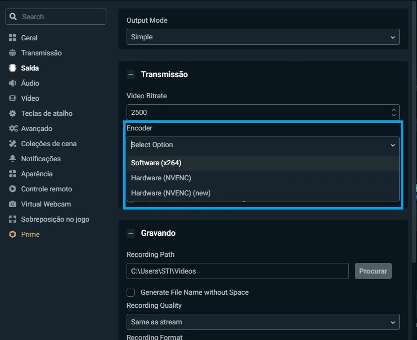 Software (x264) requer uso de processador, ao passo que hardware (nvenc) utiliza vram das placas de vídeo nvidia.