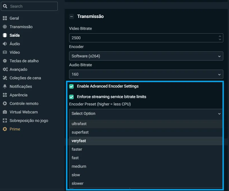 A performance da transmissão de vídeo pode ser determinada pelo preset do codificador.