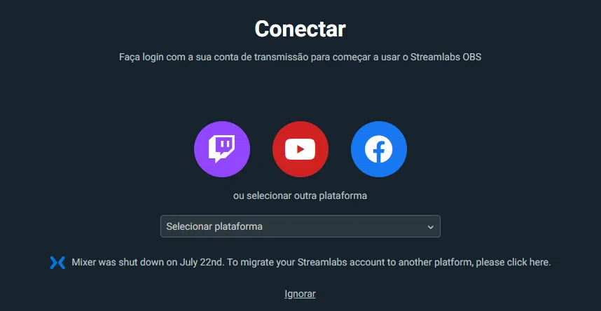 Streamlabs obs requer conta na twitch, facebook ou youtube.