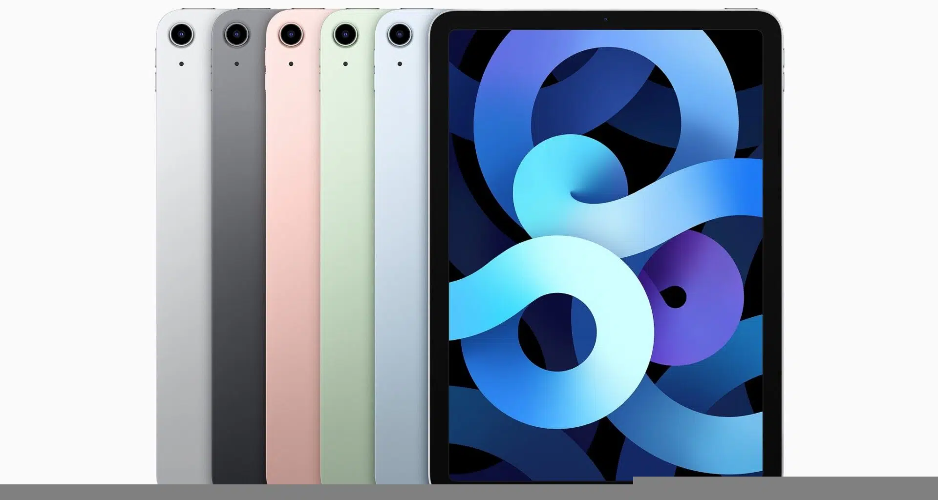 Modelos do ipad air 4ª geração emplihados: cinza, rosa, verde, azul virados de costas, prateado virado pra frente